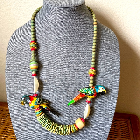 Vintage Jewelry - Vintage MonsterA Wood Parrots & Beads Long Colorful Necklace